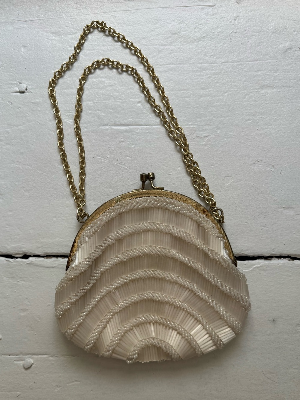 Beaded Cream Evening Bag with Gold Chain